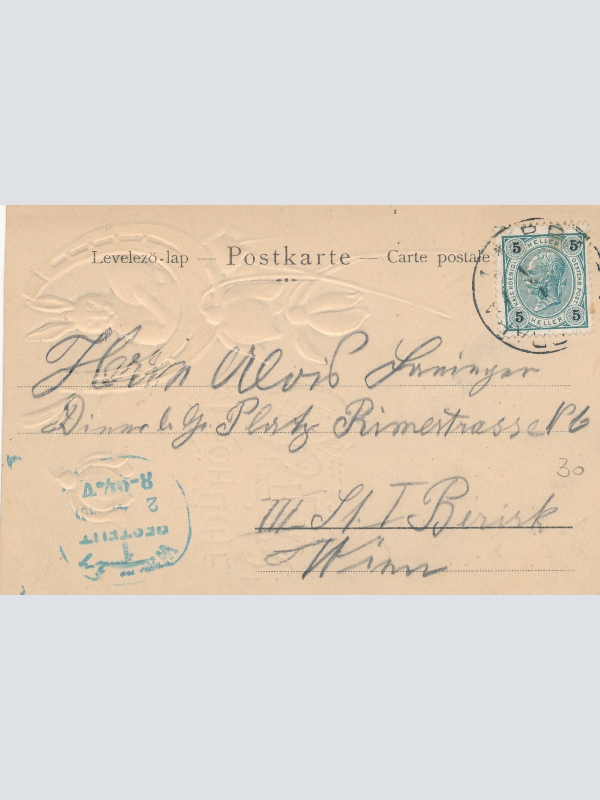 Präge - Motiv - Karte Fröhliche Ostern Hase mit Hufeisen Ansichtskarte (13699)