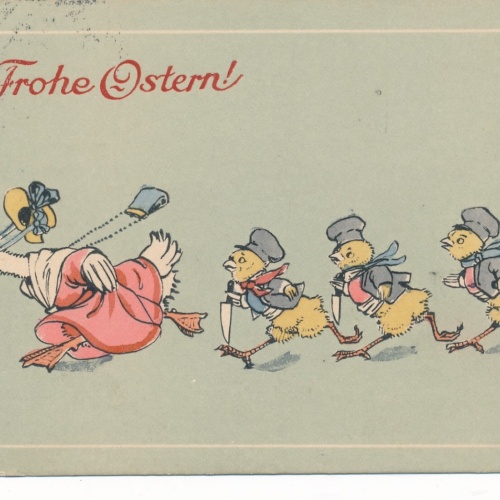 Motiv - Karte Frohe Ostern Kücken jagen die Gans Ansichtskarte (13696)