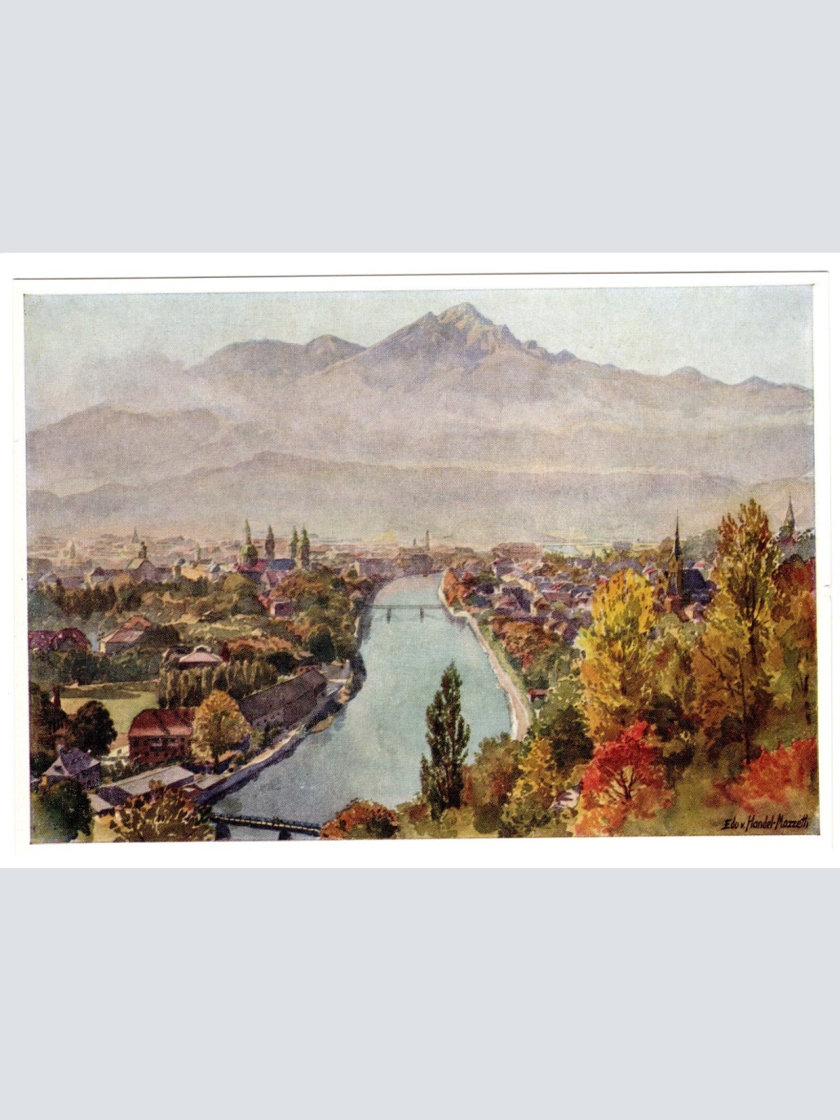 Künstler-AK, Handel-Mazzetti, Innsbruck, Nr. 9 Stadt am Inn mit Nockspit (S5028)