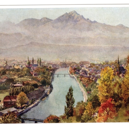 Künstler-AK, Handel-Mazzetti, Innsbruck, Nr. 9 Stadt am Inn mit Nockspit (S5028)
