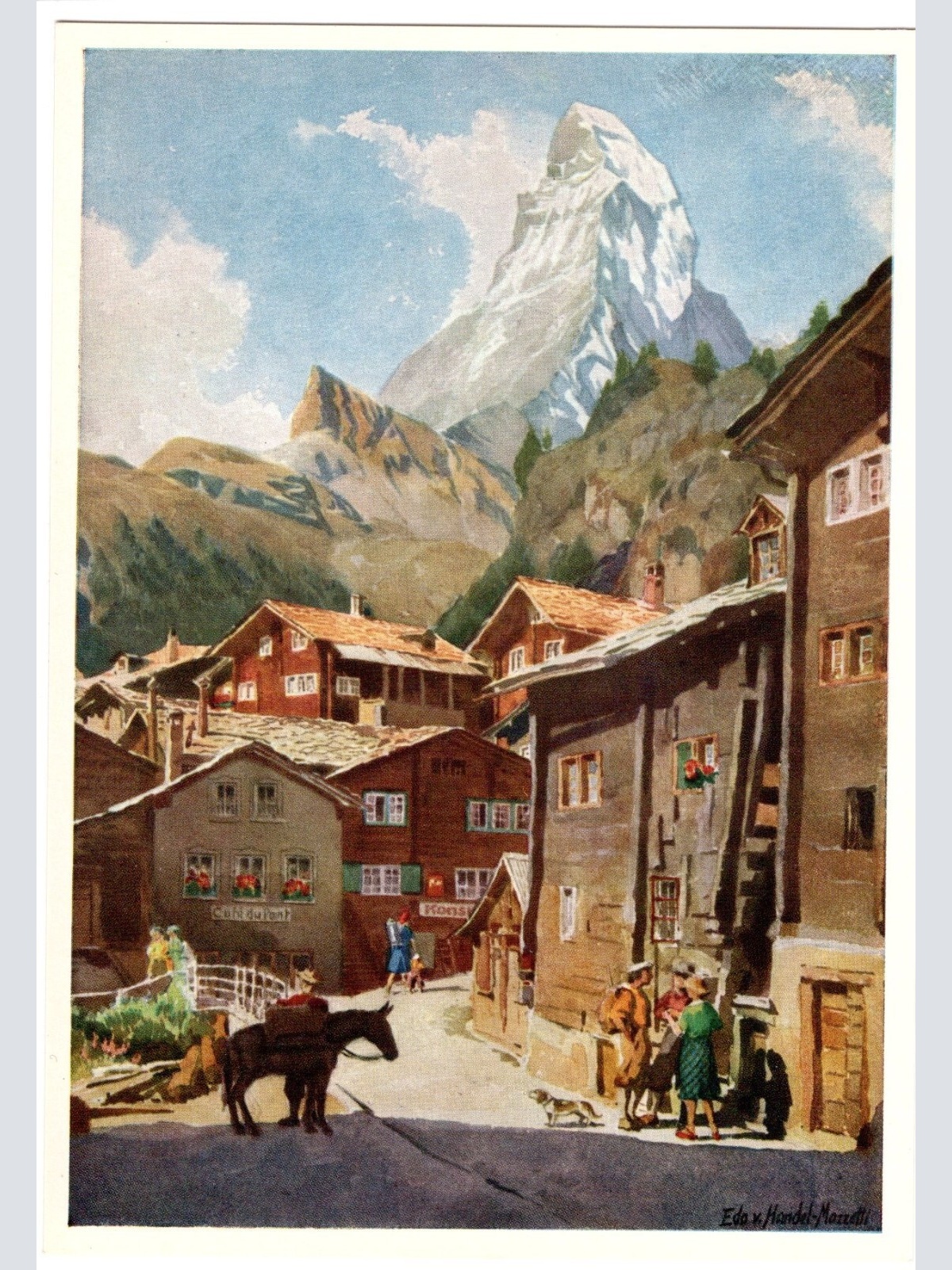 Künstler-AK, Handel-Mazzetti, Zermatt, Nr. 8 Dorfplatz mit Matterhorn (S5033)
