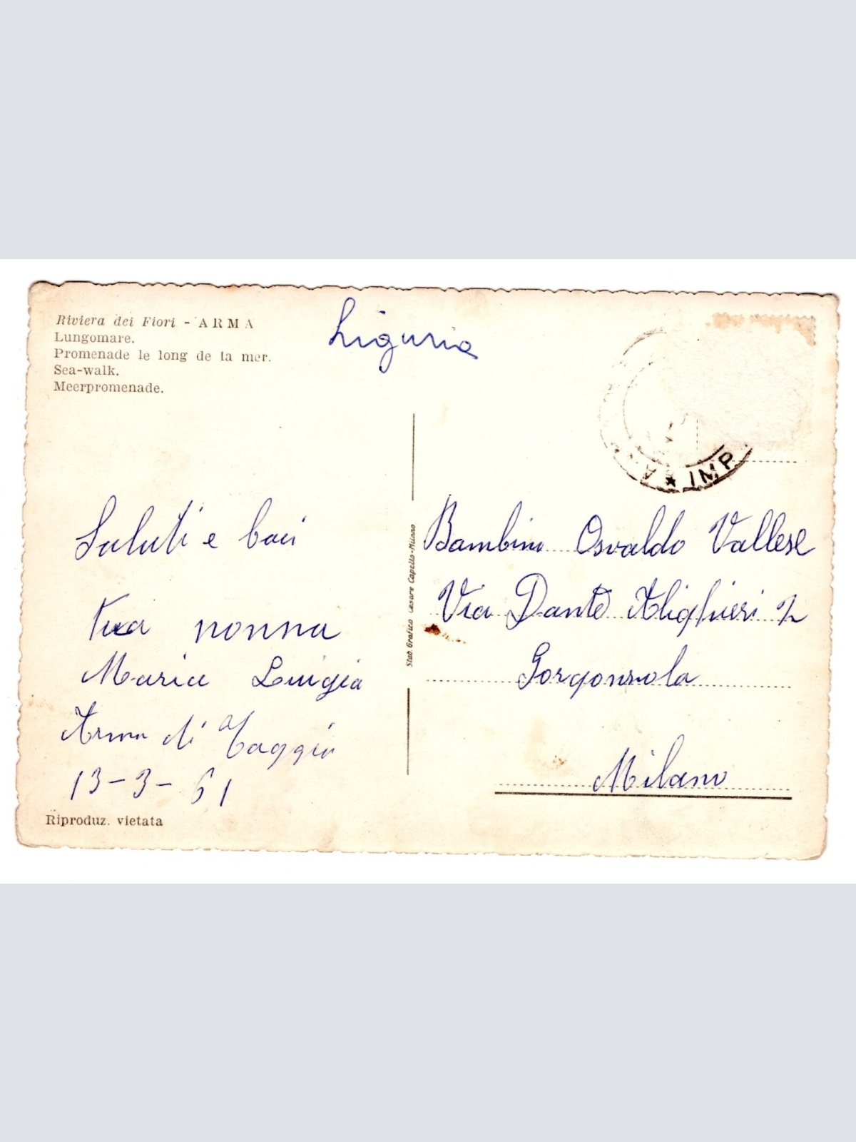 AK, Riviera dei Fiori, Arma, Italien, Ansichtskarte (S5247)