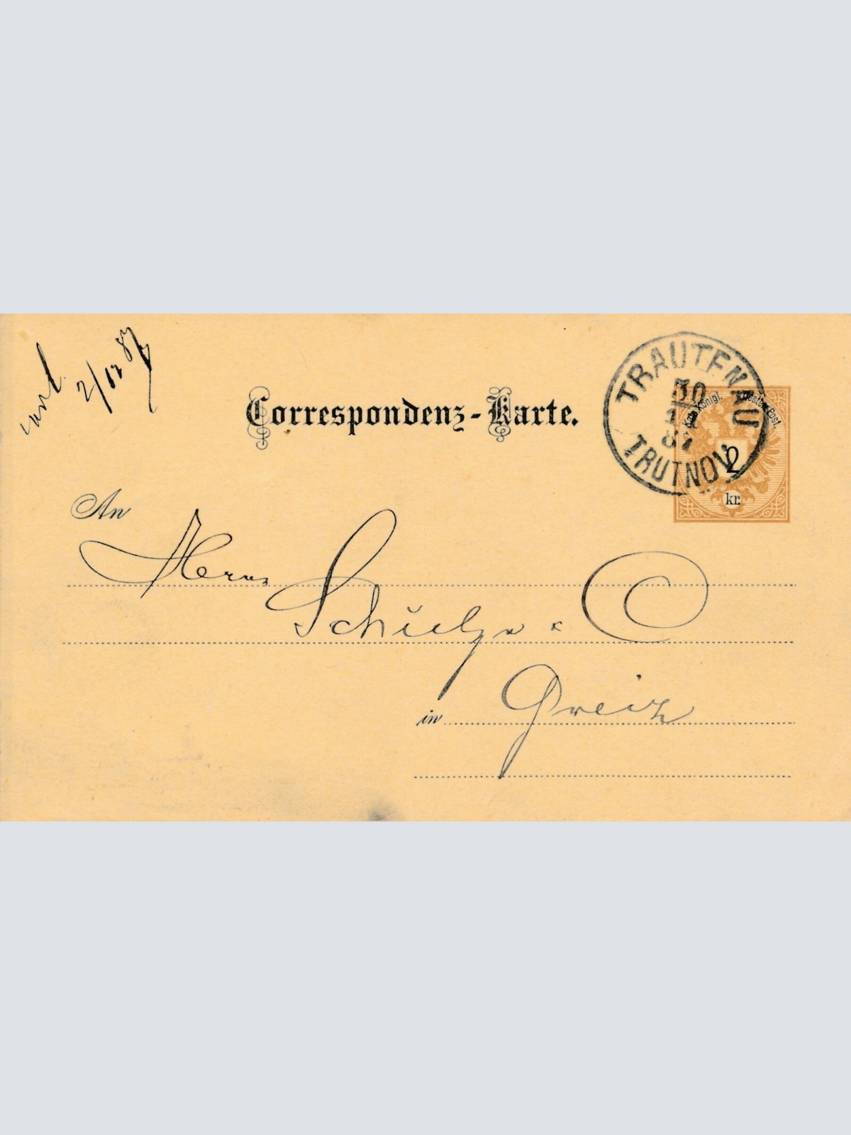 2 Kreuzer Ganzsachen - Karte 1887 aus Trautenau (14327)