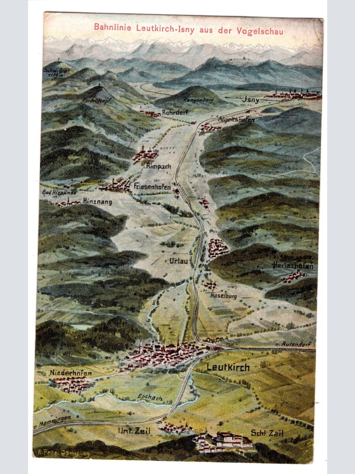 AK, Bahnlinie Leutkirch-Isny aus der Vogelschau, Ansichtskarte (S5573)