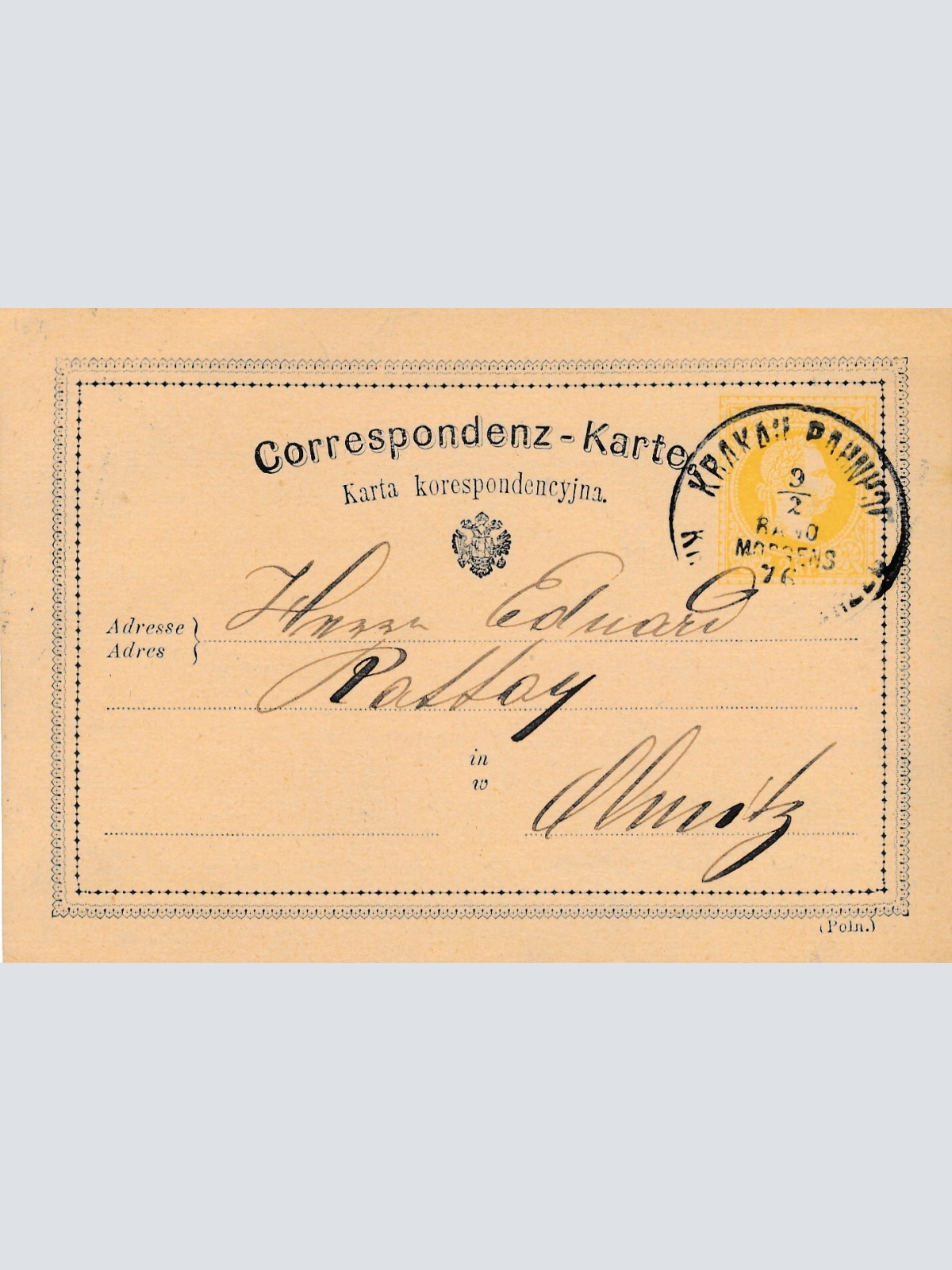 2 Kreuzer Ganzsachen - Karte 1876 aus Krakau Bahnhof (14361)