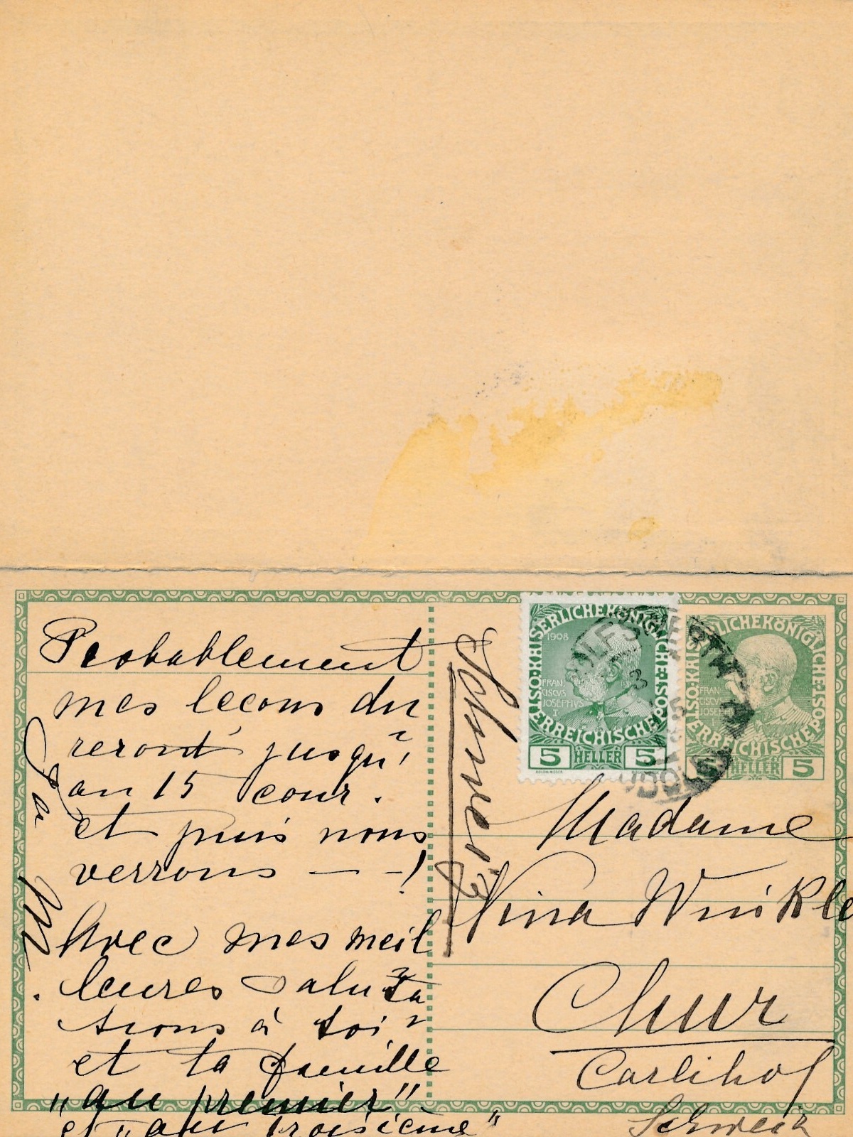 5 Heller Ganzsachen - Karte 1913 aus Rudolfswert nach Chur + Aw Karte (14376)