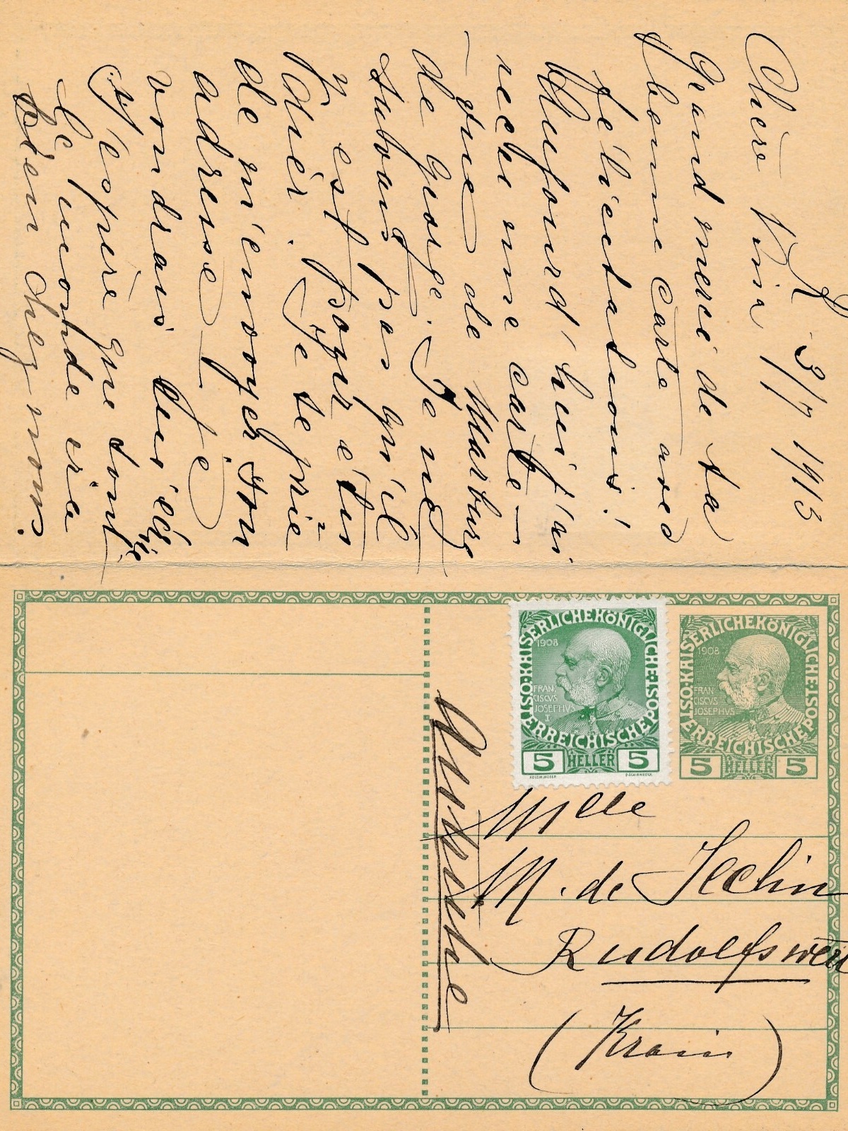 5 Heller Ganzsachen - Karte 1913 aus Rudolfswert nach Chur + Aw Karte (14376)