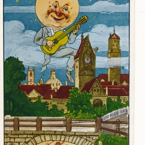 AK gruss vom Memmiger Mau mit Mondgesicht + Gitarre Bayern Ansichtskarte (14513)