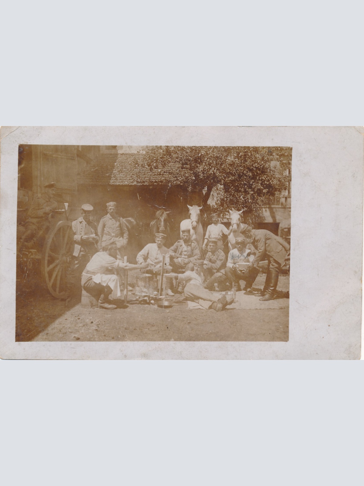 AK Soldaten am Essen Machen mit Pferden Militaria Ansichtskarte (14623)