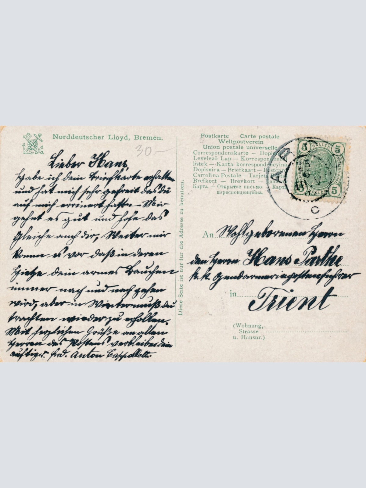 AK Norddeutscher Lloyd Bremen Doppelschrauben Schn. Dampfer Ansichtskarte (14578