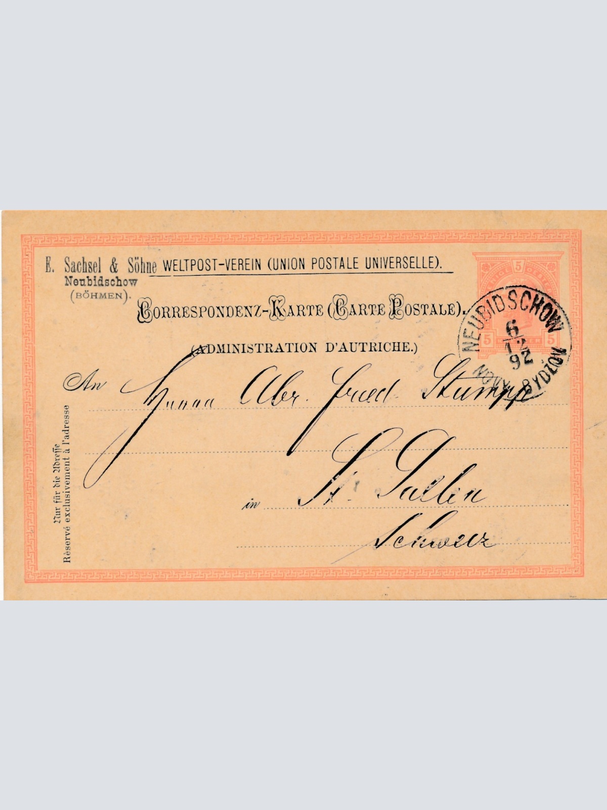 5 Kreuzer Ganzsachen - Karte aus Neubidschow Novy Bydzov (14920)