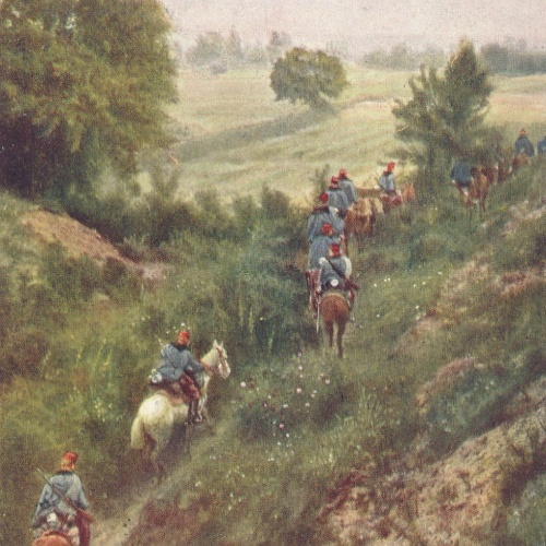 AK Militaria Landwehr Ulanen Patroullie passiert einen Hohlweg (16034)