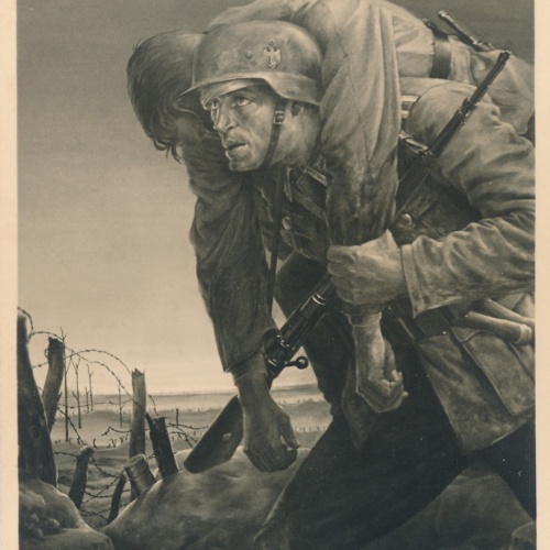 AK Haus der Deutschen Kunst Soldat trägt Kameraden Ansichtskarte (15869)