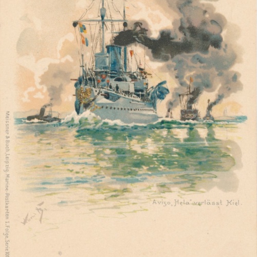 Litho - Karte vom S.M. Aviso Hela verlässt Kiel Ansichtskarte (15791)