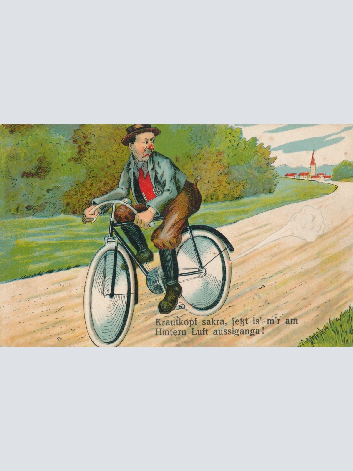 AK Radfahrer Krautkopf sakra jetzt is m´r am Hintern Luft Ansichtskarte (15746)