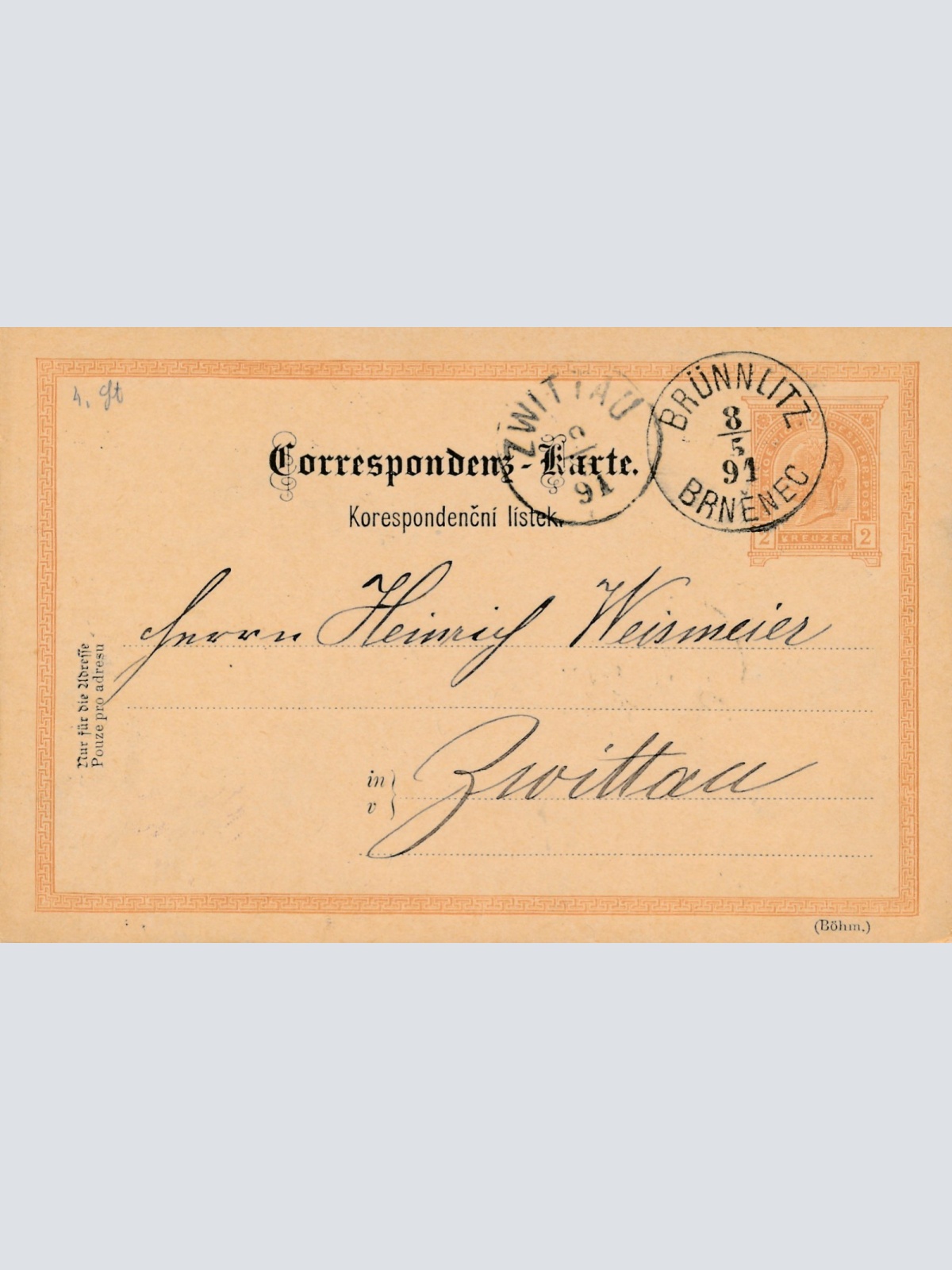 2 Kreuzer - Ganzsachen - Karte aus Brünnlitz (16221)