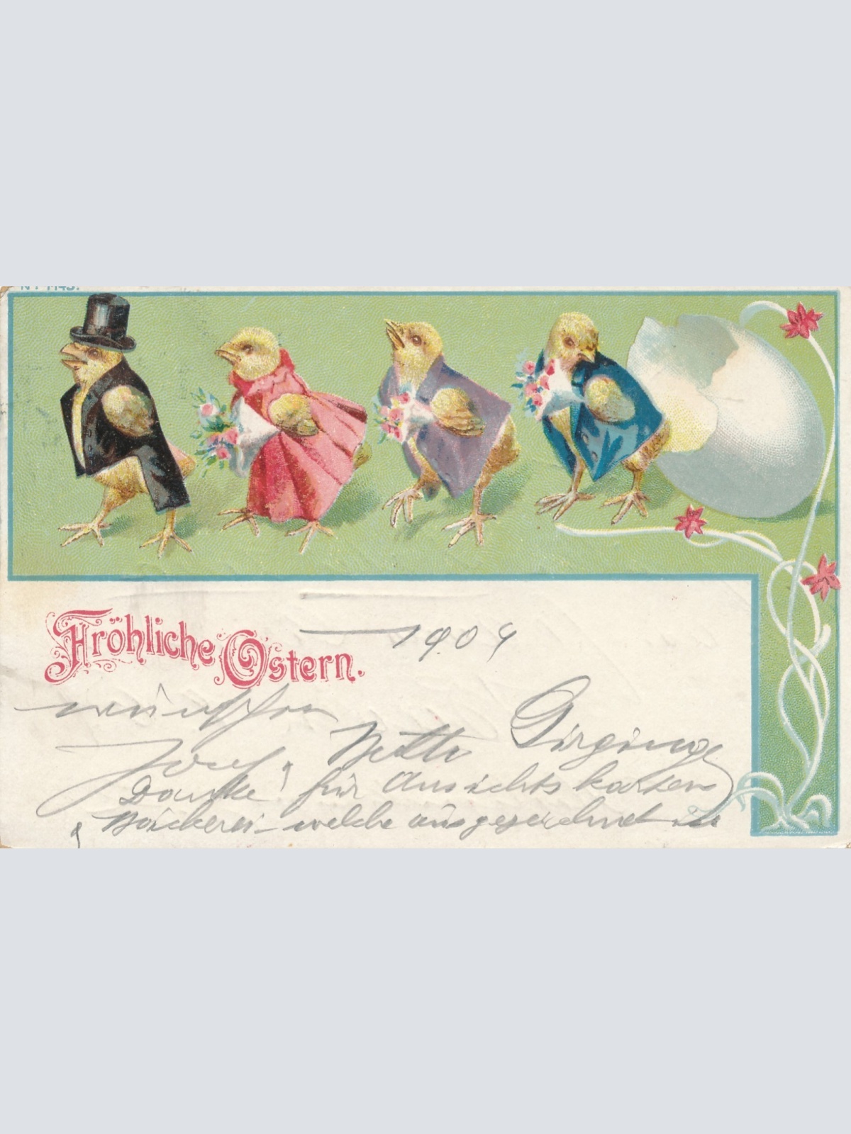 Glückwunschkarte Fröhliche Ostern Kücken mit Kleidung (15982)