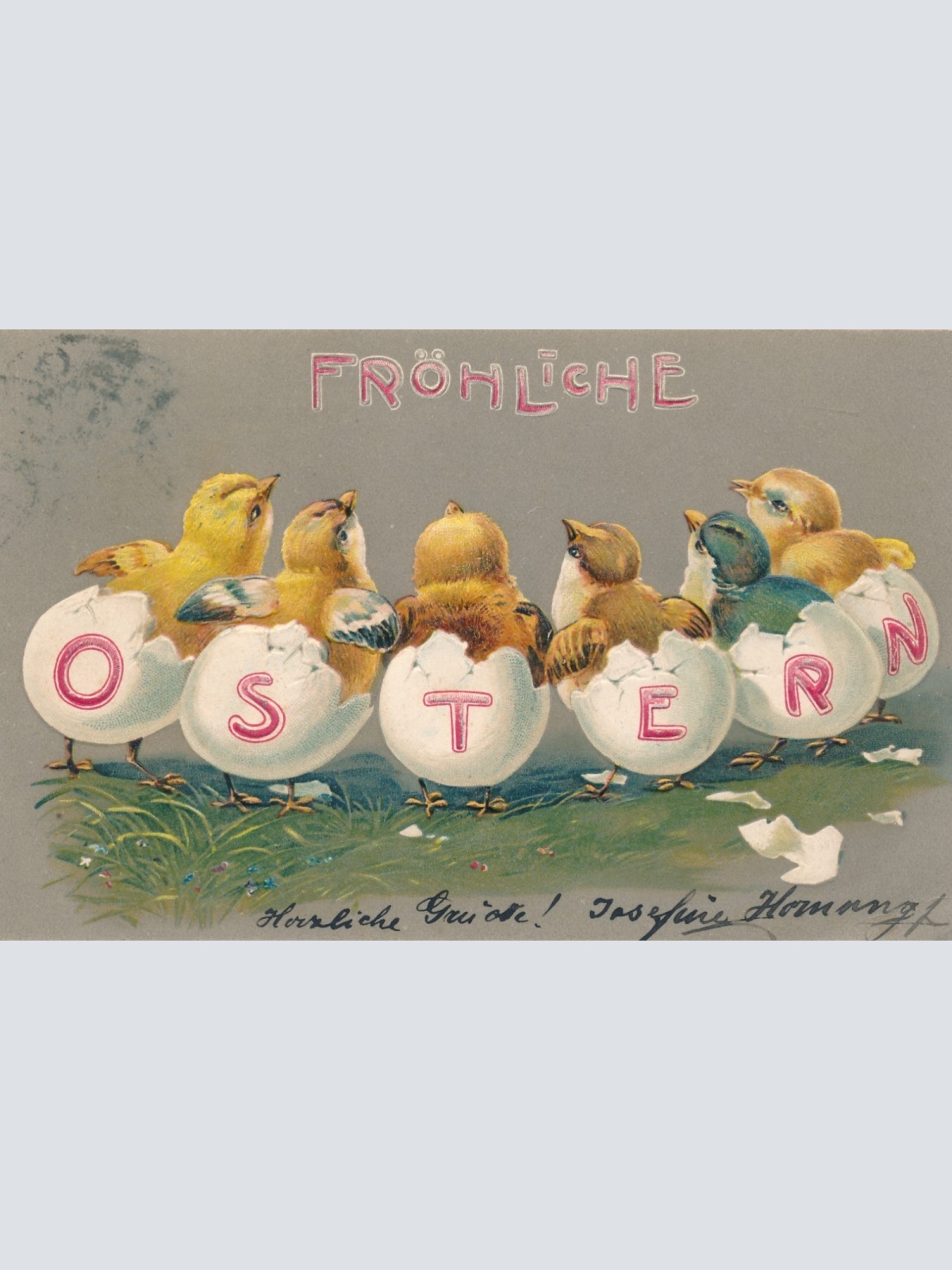 Präge - Glückwunschkarte Fröhliche Ostern Kücken mit Eierschalen (15981)