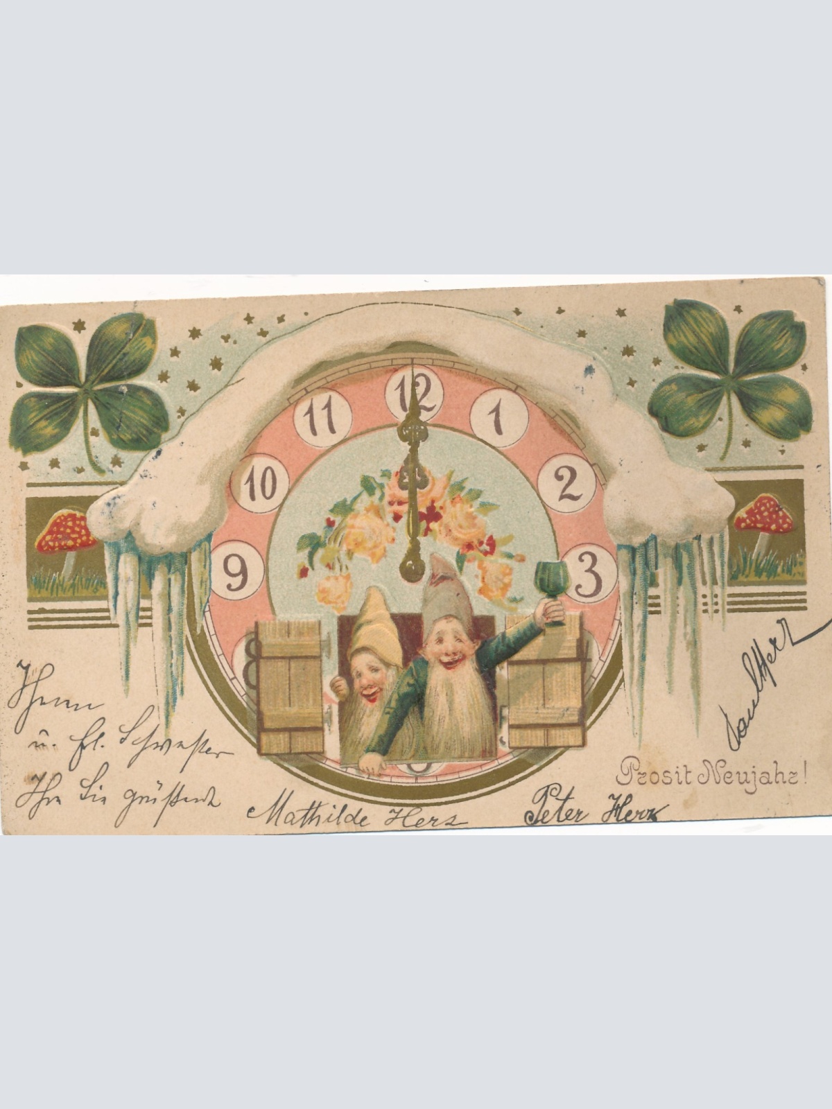 Glückwunschkarte Prosit Neujahr Zwerge in der Uhr (15983)