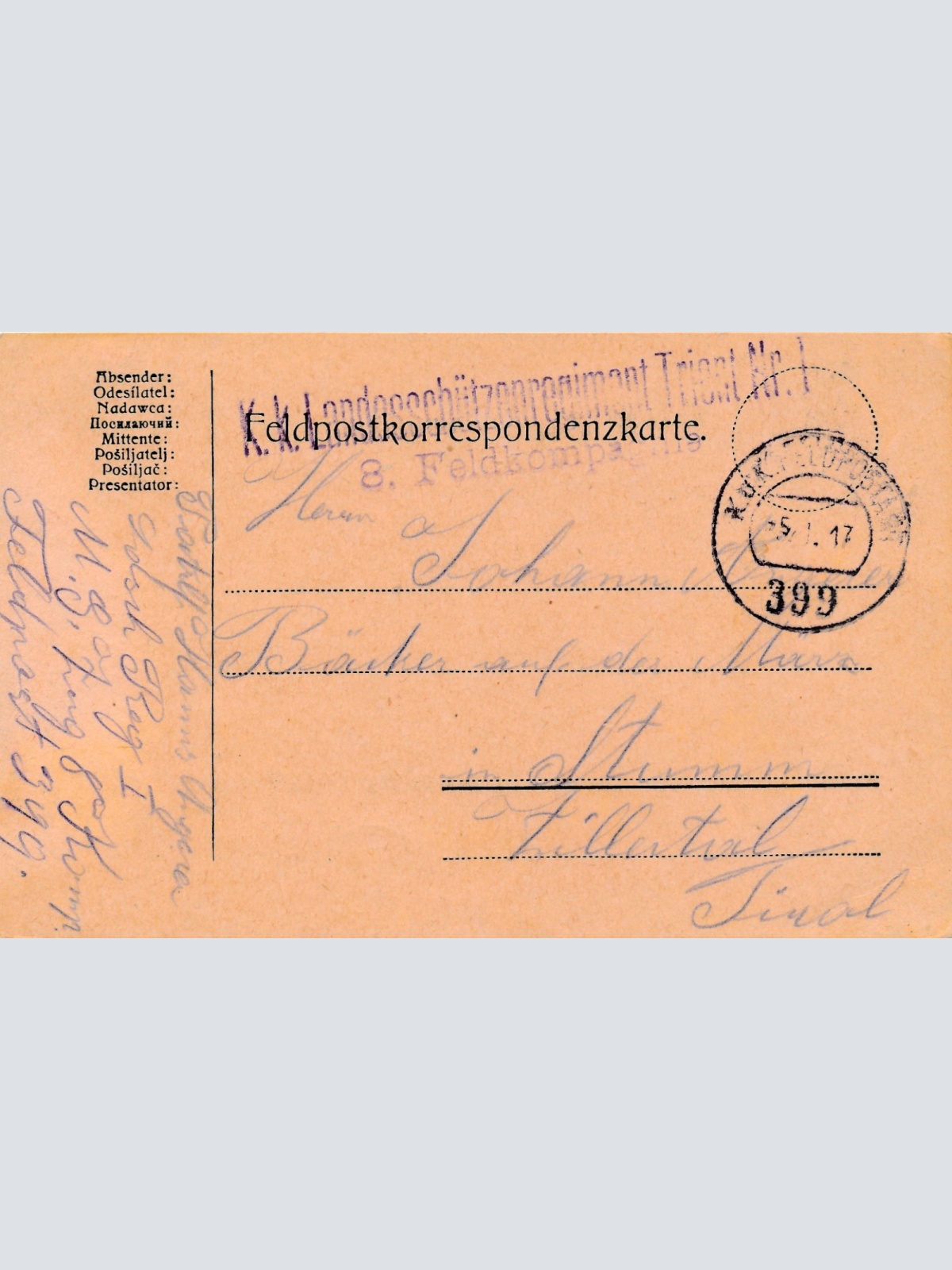 Feldpostkarte K.K Landesschützenregiment Trient Nr.1 8 Feldkompagnie (16336)