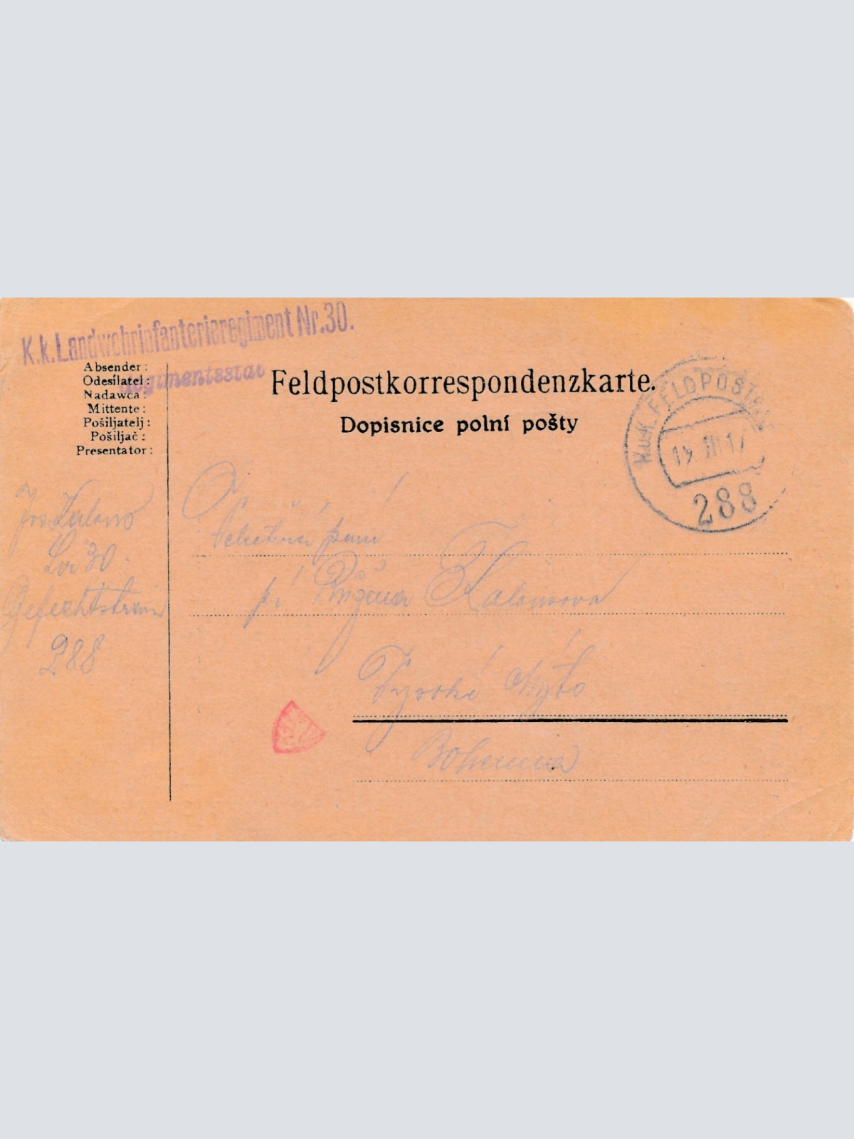 Feldpostkarte K.K Landwehrinfanterieregiment Nr.30 (16335)