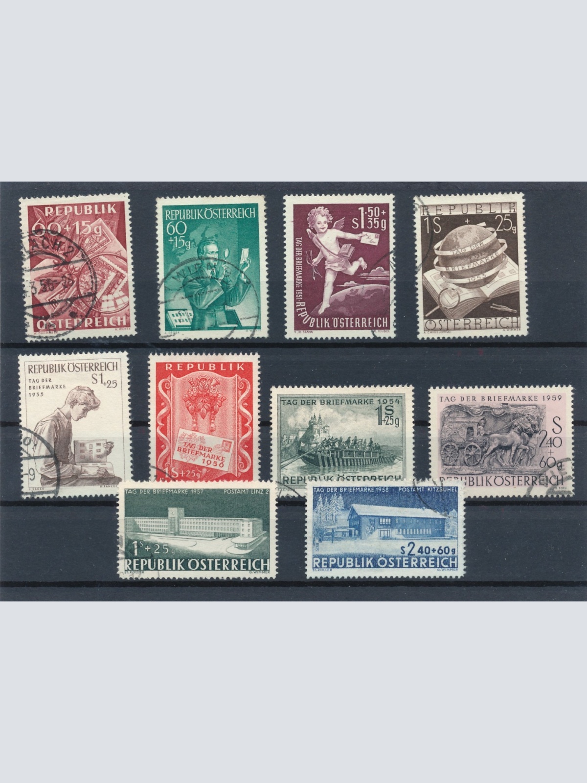 Steckkarte mit 10 Marken Tag der Briefmarken aus 1949 - 58 gestempelt (16448)