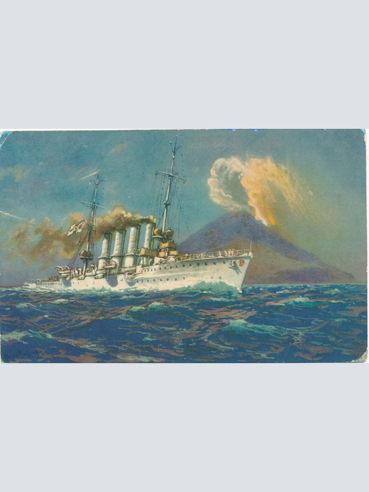 AK vom S.M Kreuzer Breslau beim Vulkan Stromboli Ansichtskarte (16793)