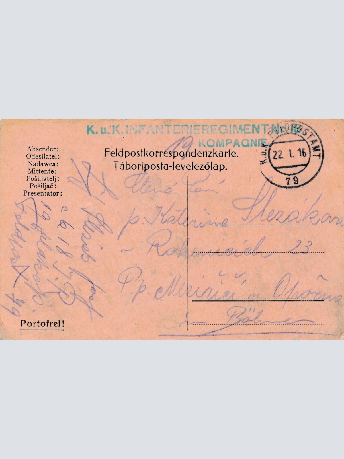 Feldpost - Karte K.u.K. Infanterieregiment Nr.18 19. Kompagnie (16945)