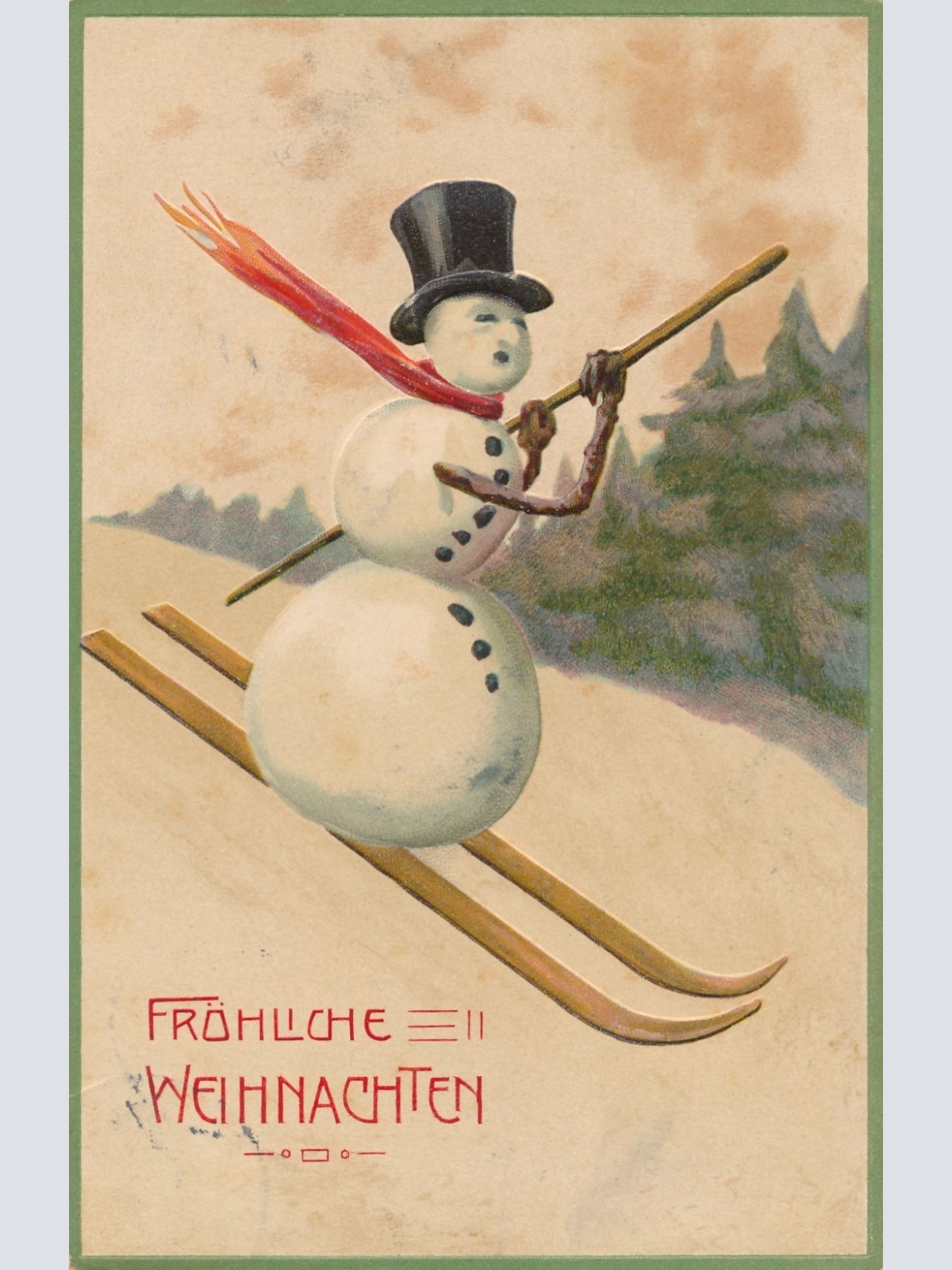 Präge - AK Fröhliche Weihnachten Schneemann auf Skie Ansichtskarte (16948)