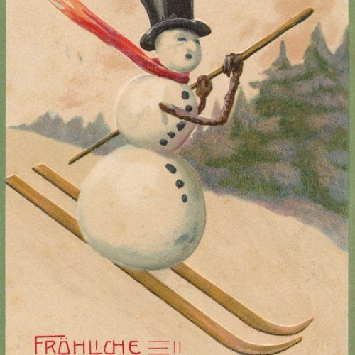 Präge - AK Fröhliche Weihnachten Schneemann auf Skie Ansichtskarte (16948)