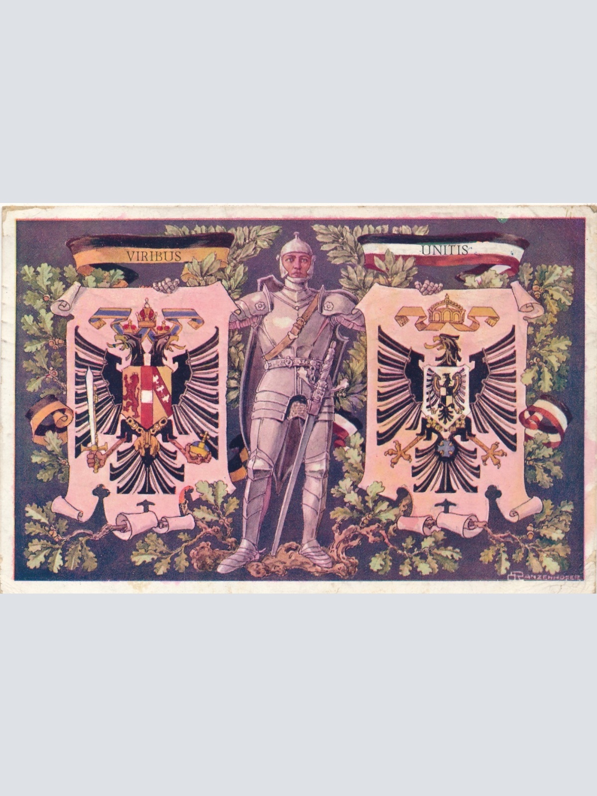 AK Militaria Viribus Unitis mit Ritter in Rüstung und Schwert (17001)