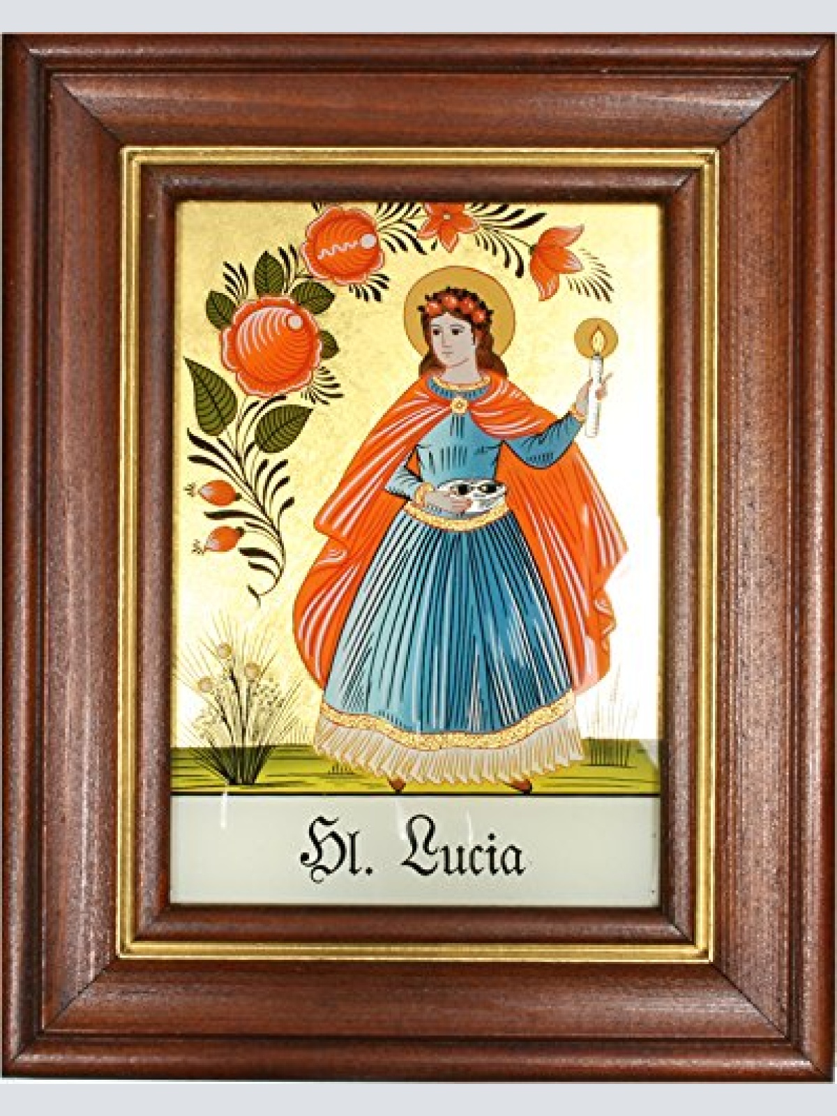 Hinterglaswerkstätten - Hinterglasbild / Patronatsbild Hl. Lucia mit braun