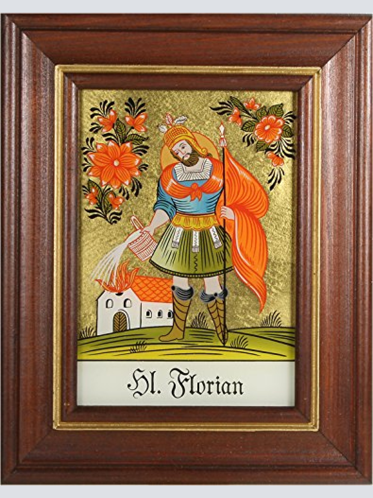 Hinterglaswerkstätten - Hinterglasbild/Patronatsbild Hl. Florian mit braun