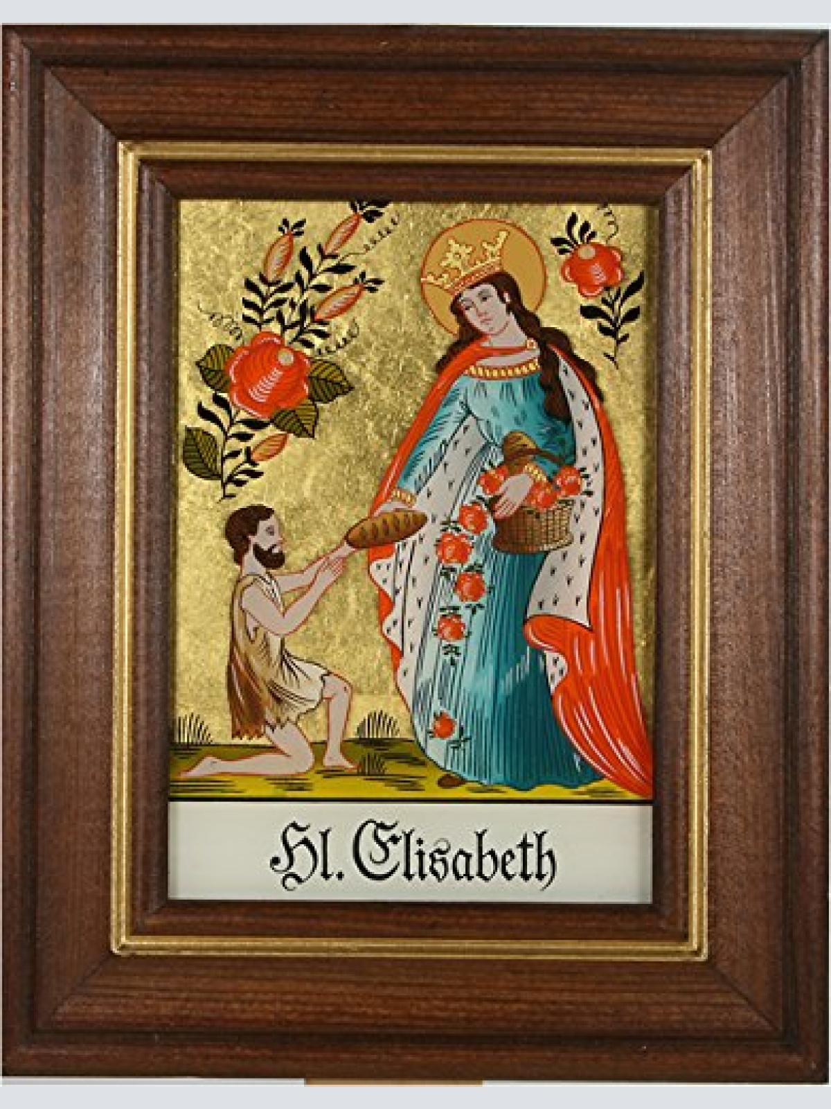 Hinterglaswerkstätten - Hl. Elisabeth, Handbemaltes Wandbild mit Holzrahmen,