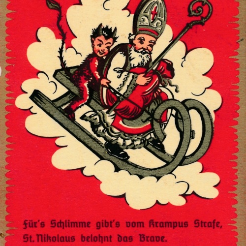 AK Gruss vom Krampus mit Nikolaus am Schlitten Ansichtskarte (17996)