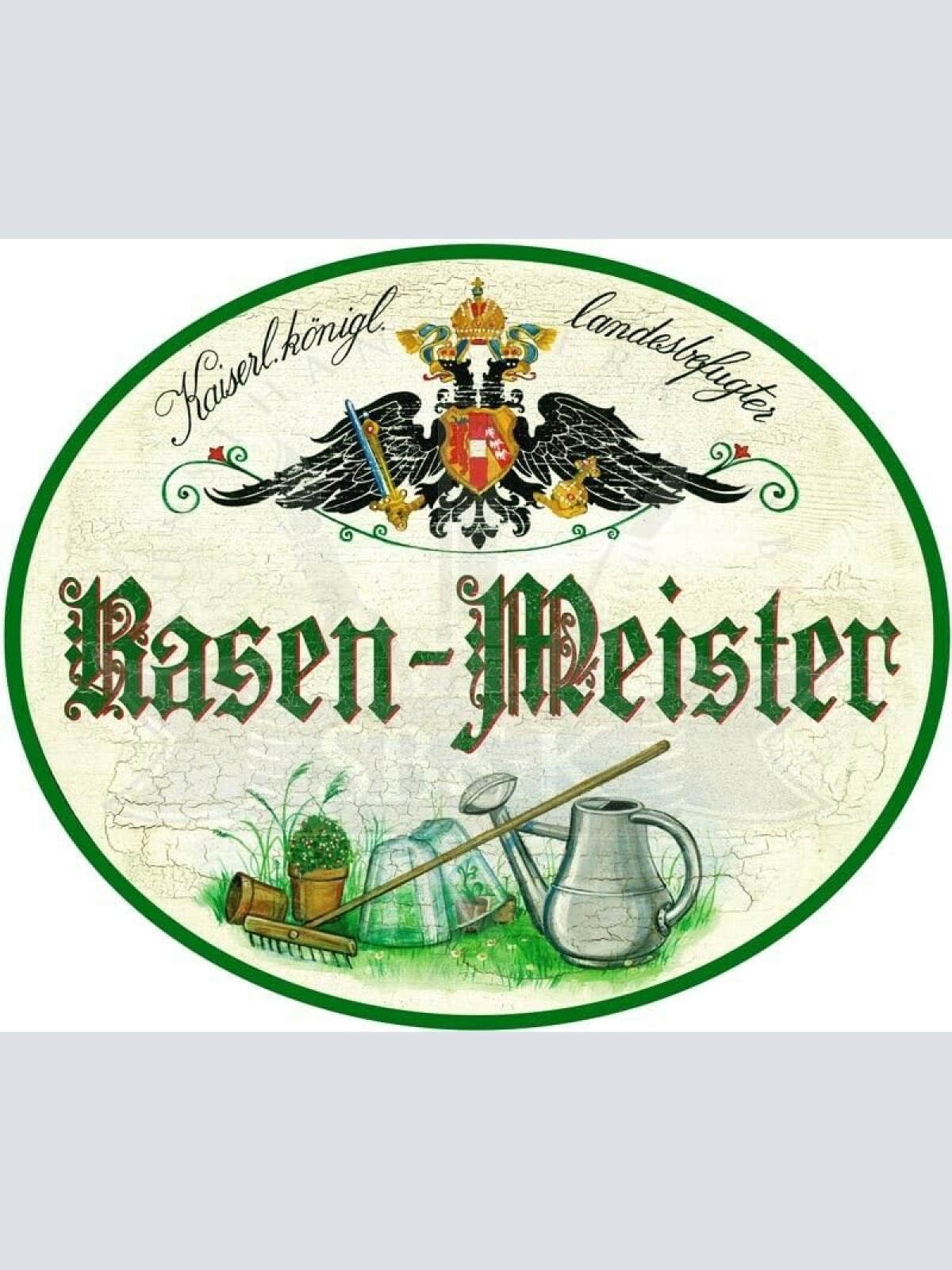 KuK Nostalgie Holzschild - Landesbefugter Rasen-Meister - Rechen Gießkanne TH