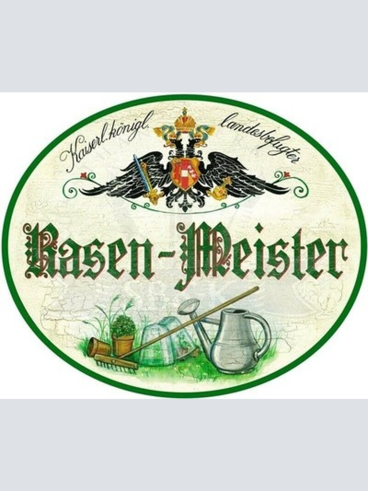 KuK Nostalgie Holzschild - Landesbefugter Rasen-Meister - Rechen Gießkanne TH