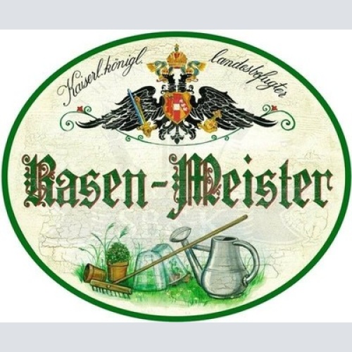 KuK Nostalgie Holzschild - Landesbefugter Rasen-Meister - Rechen Gießkanne TH
