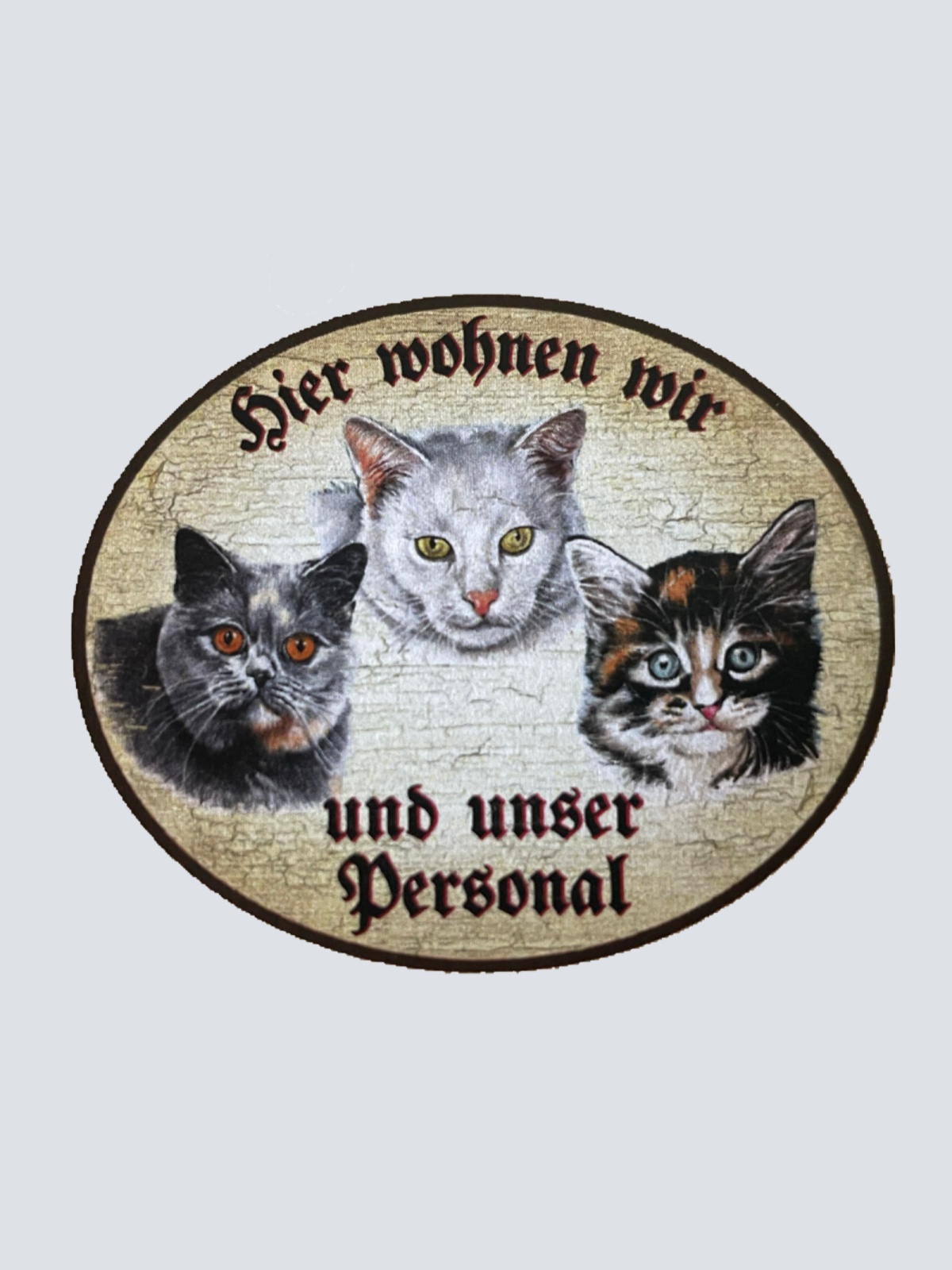 KuK Nostalgie Holzschild “Hier wohnen wir u.u. Personal“ Trio Katze R.Blau Weiß
