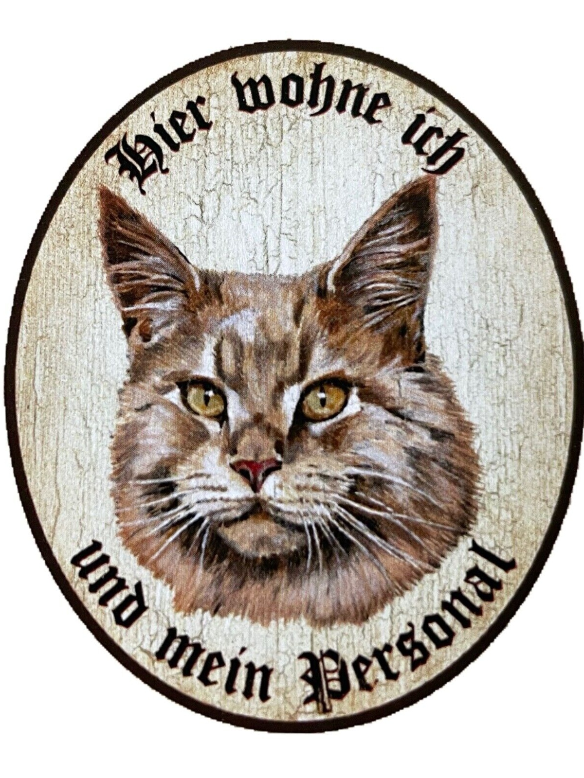 KuK Nostalgie Holzschild "Hier wohne ich und mein Personal“ Katze Maine Coon