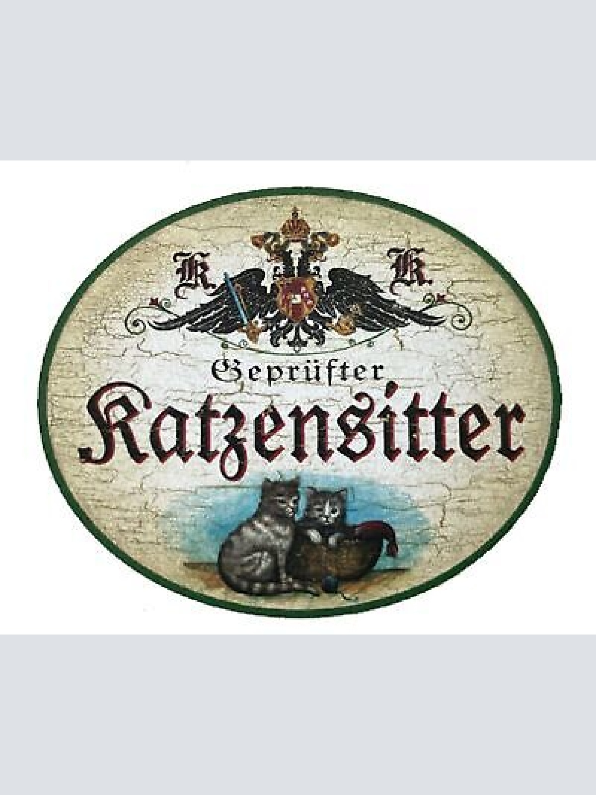 KuK Nostalgie Holzschild "Geprüfter Katzensitter" Duo Katze Tabby Getigert Korb
