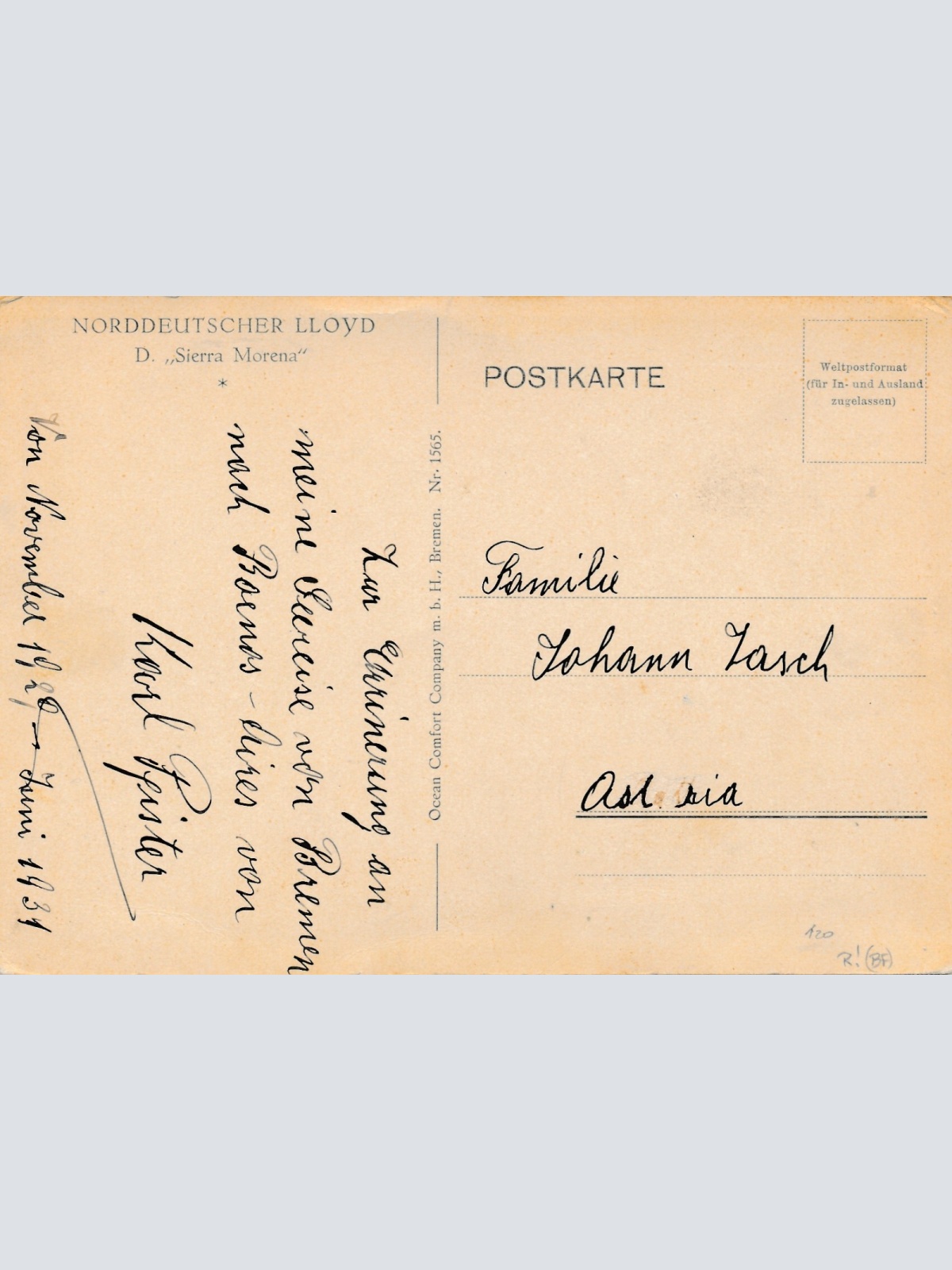 AK aus Norddeutscher LLoyd Sierra Morena Ansichtskarte (18216)