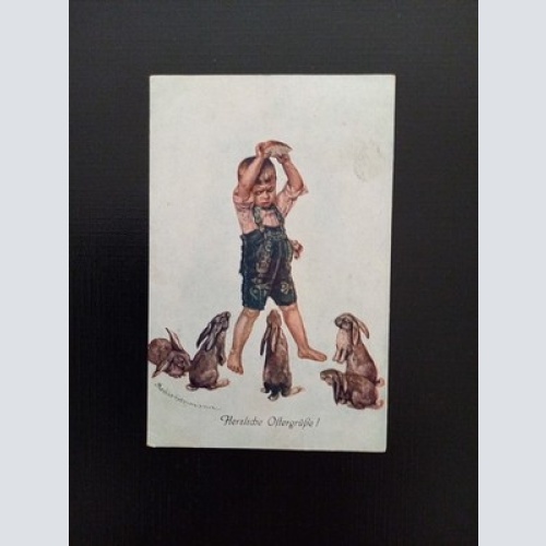 Herzliche Ostergrüße Bub Mit 5 Osterhasen Gr