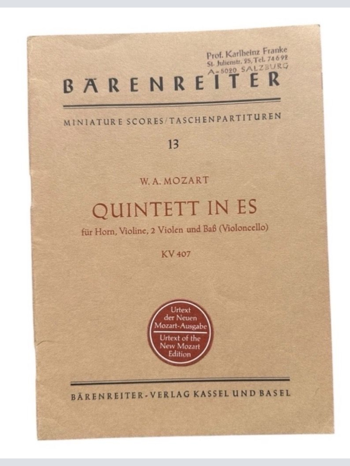 Partitur Mozart Quintett in ES KV 407 für Horn, Violine, 2 Violen und Baß Mozart