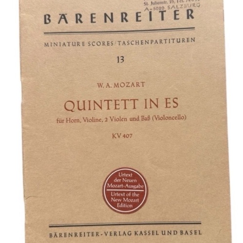 Partitur Mozart Quintett in ES KV 407 für Horn, Violine, 2 Violen und Baß Mozart