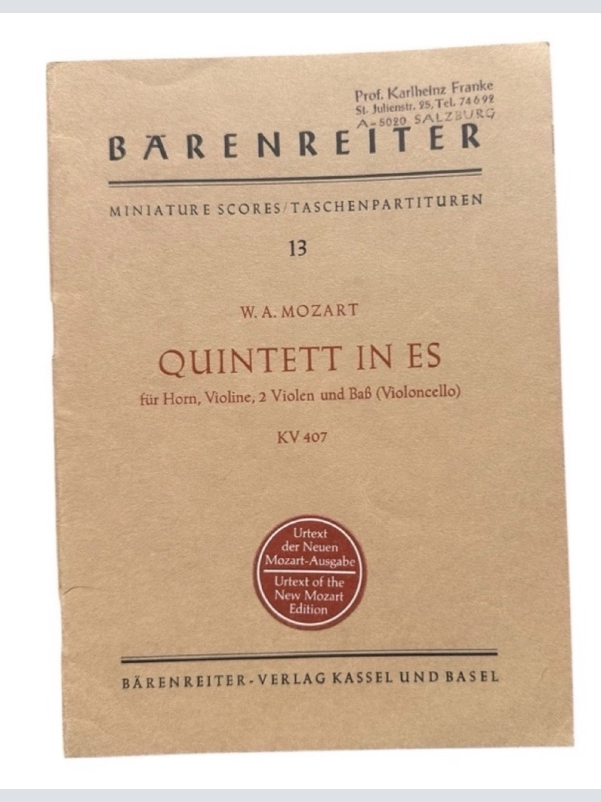 Partitur Mozart Quintett in ES KV 407 für Horn, Violine, 2 Violen und Baß Mozart