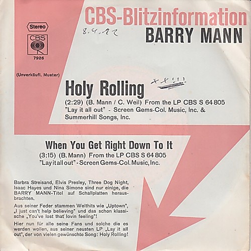 Barry Mann - Holy Rolling / When You Get Right Down To It (7", Promo)