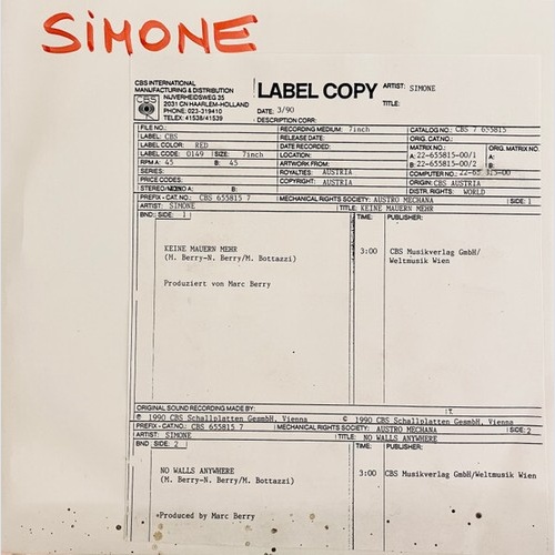 Simone (27) - Keine Mauern Mehr  (7", Single, TP)
