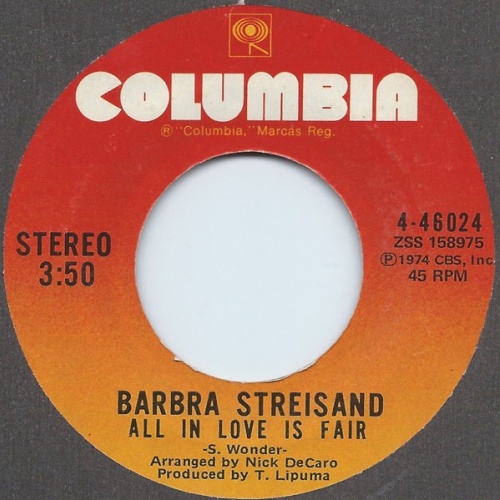 Barbra Streisand - All In Love Is Fair (7", Single, Ter)