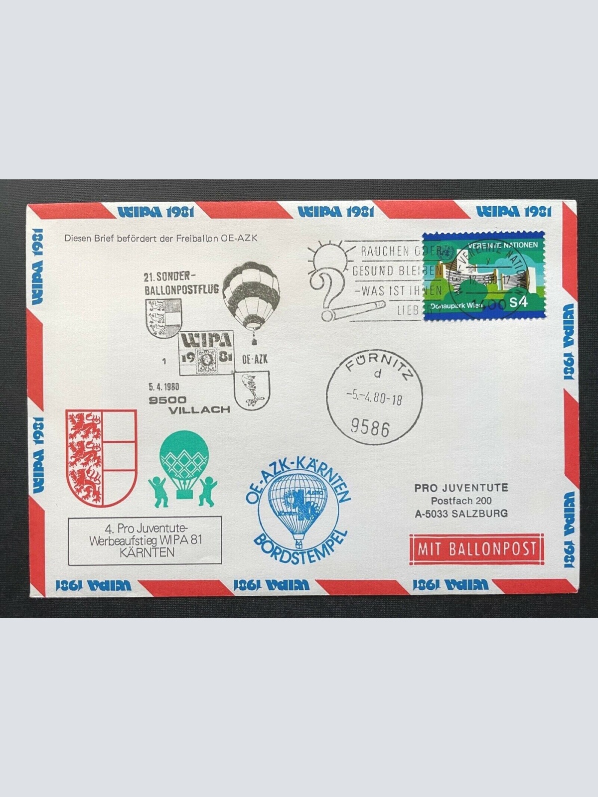 Brief Ballonpost Bordstempel OE-AZK Kärnten Fürnitz 1980 ca16,1x11,5cm 410347
